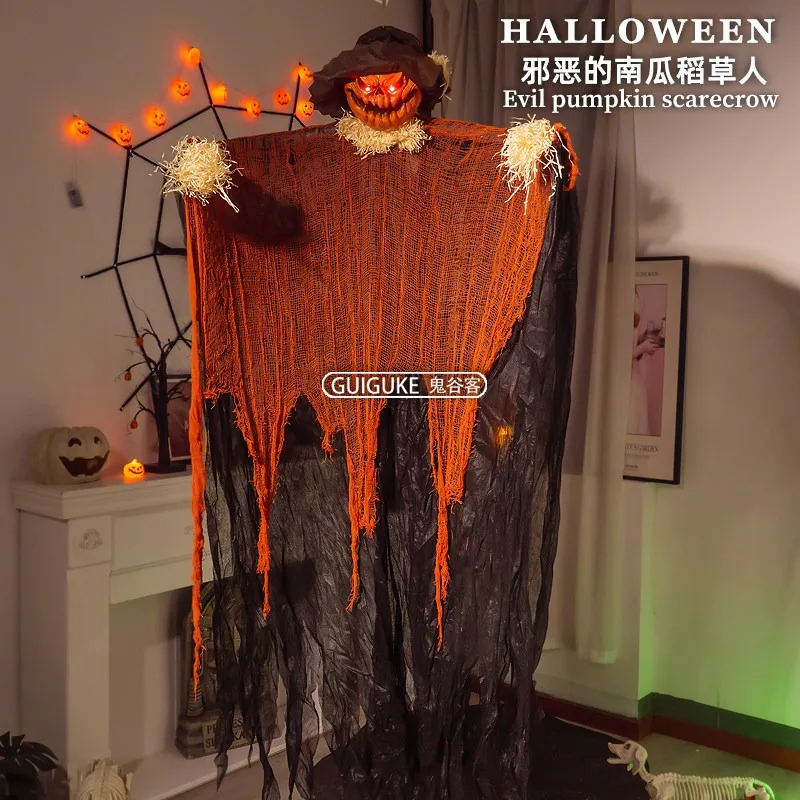 Halloween new 1.8-meter pumpkin scarecrow hanging ghost theme park KTV electric luminous atmosphere decoration pendant