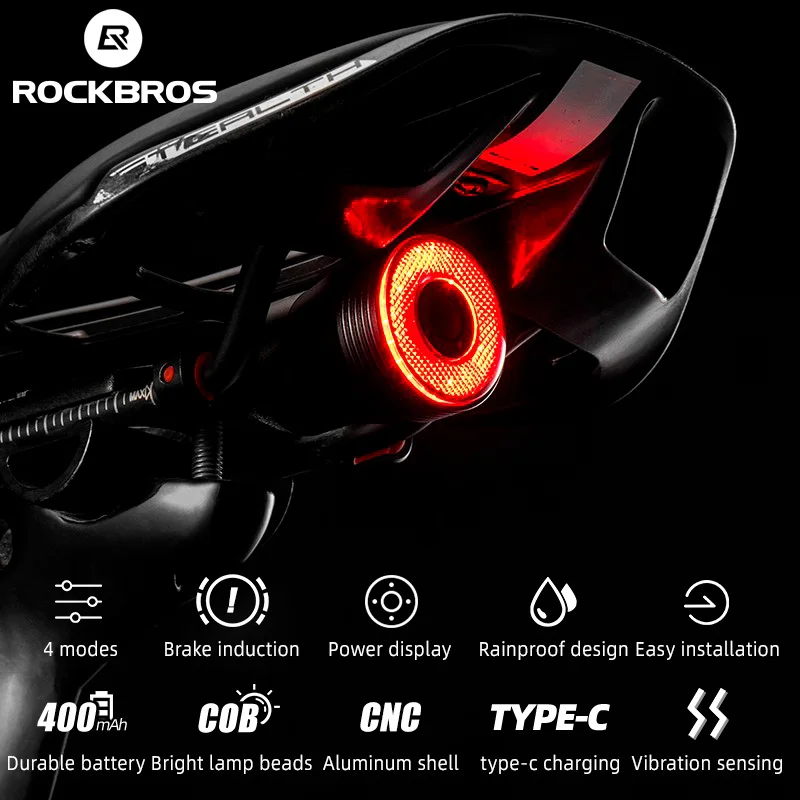 ROCKBROS Q5 Smart Bicycle Rear Light Auto Brake Sensing Flashlight with Bracket IPX6 Type-C Charging Cycling Tail Light