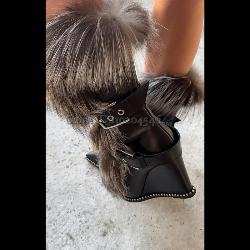 Women's Black Wedges Fur Mid Calf Boots Pointed Toe Buckled Studded Winter New in High Heels Booties Big Size Sexy Party Shoes