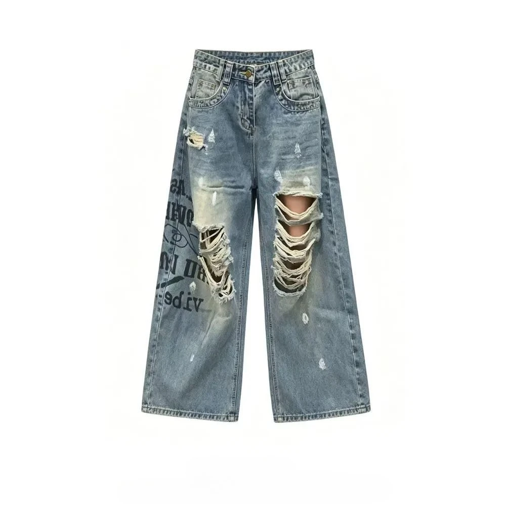 Women's Letter Printed Jeans Casual Pants Summer Unisex Bottoms Cool Girl Wide Leg Trousers Female High Waisted Baggy Sweatpants