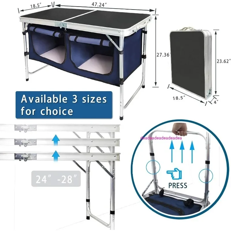 Outdoor Folding Table Aluminum Lightweight Height Adjustable with Storage Organizer for BBQ