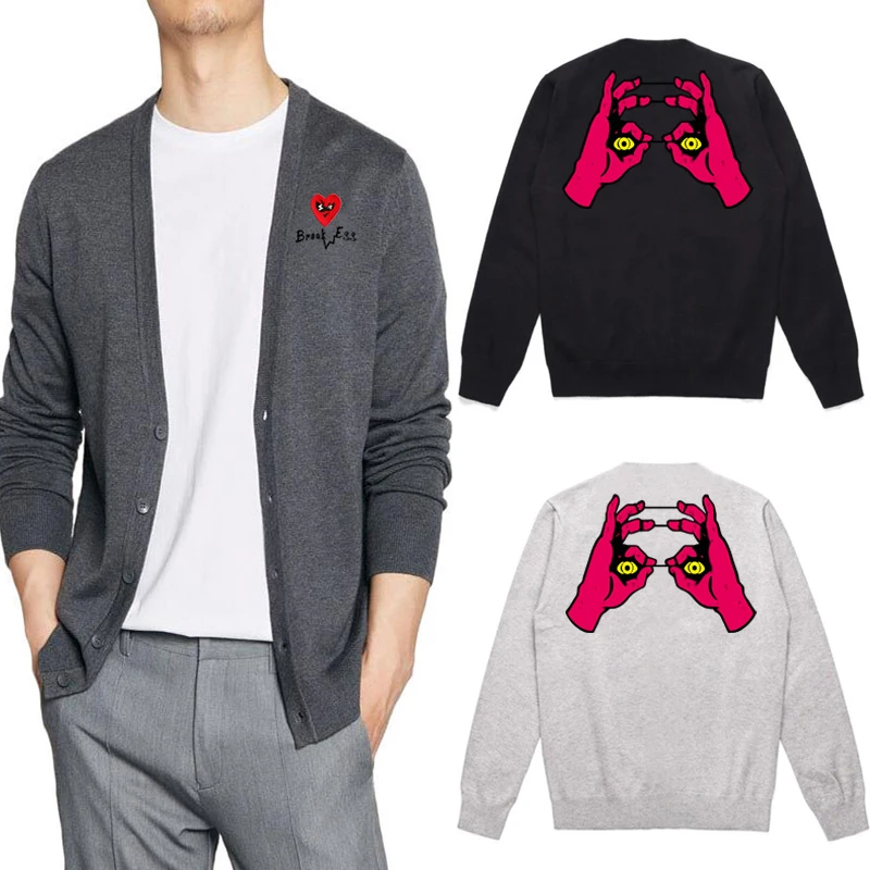 

Break Egg Men Cardigan Heart Glasses Embroidery Back Red Hands Eyes Print Cotton V-neck Single-breasted Autumn Casual Sweater