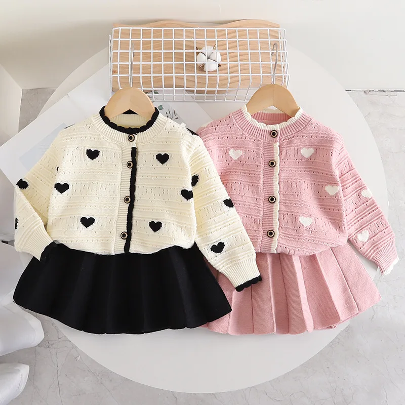 Spring Autumn Girls Clothes Sets Cute Hollow Out Lover Knitted Cardigan Skirts 2 Pcs Suits