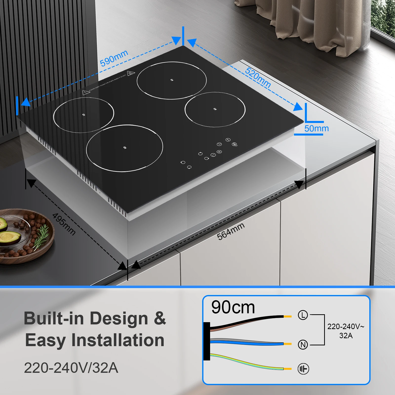4-Zone Built-in Ceramic Hob 6000W 60cm Touch Control 9 Levels All Pots Compatible 1-99min Timer Residual heat alarm Child lock #3