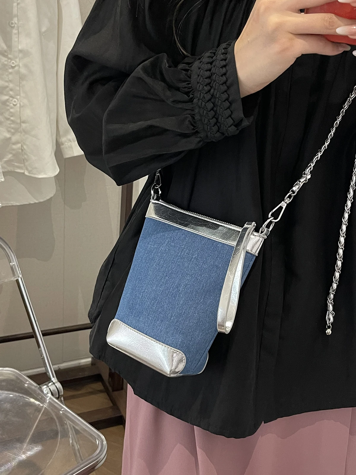 Contract Color Denim Crossbody Bucket Bags For Women 2024 Summer Fashion Chain Shoulder Luxury Brand Handbags And Purses Female