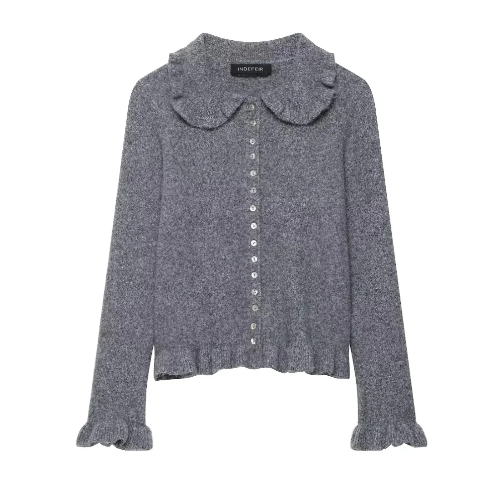 

KONDALA Women Elegant Gray Cardigan Sweater Lapel Knitted O-Neck Buttons Cardigan Fashion 2025 Spring Autumn Simple Cute Cardiga