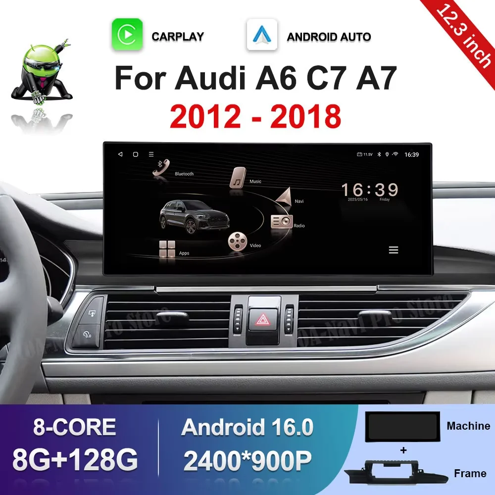 12.3 inch Android 16 for Audi A6 C7 A7 2012 - 2018 GPS Navi BT HD Screen Wireless Carplay Car Video Multimedia Radio Player WiFi