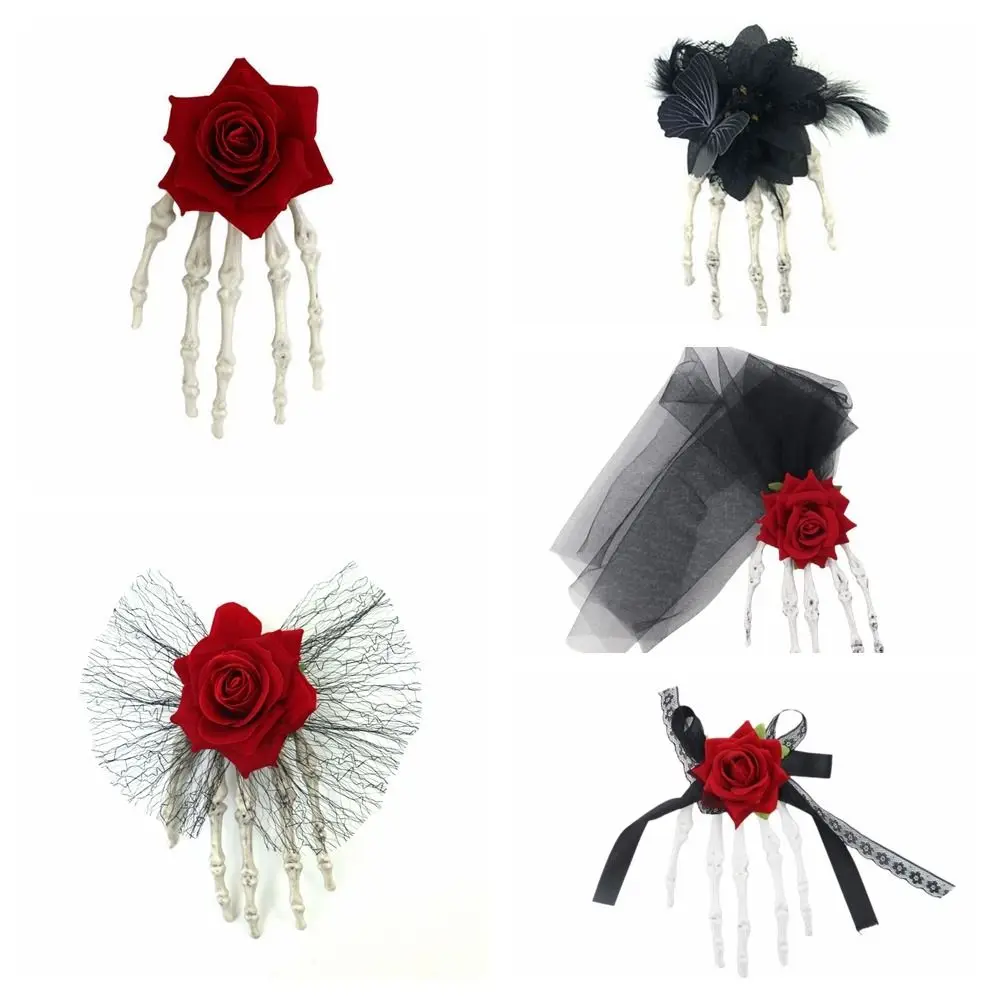 布製ゴースト爪ヘアクリップ スケルトンコスプレ用品 スケルトンハンドローズヘアピン フラワーハロウィンおもちゃ ハロウィンヘッドウェア 女の子用