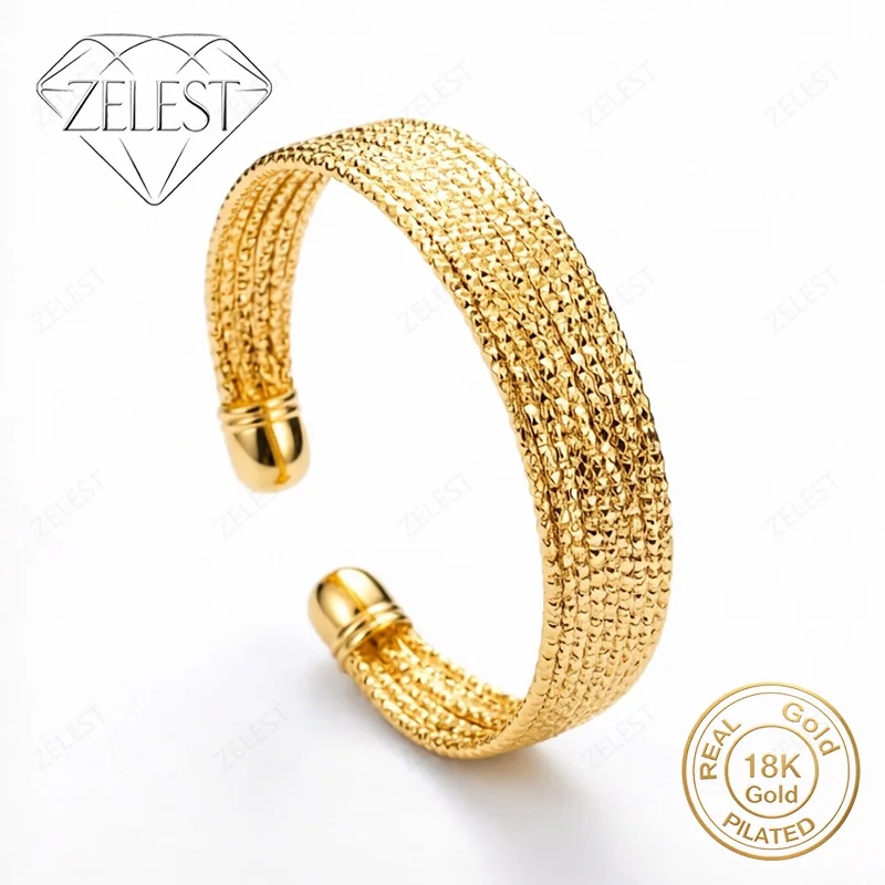 925 Sterling Silver 18K Gold Plated Exquisite Sparkling Hammered Open Bangle for Women's Fashion Party Jewelry