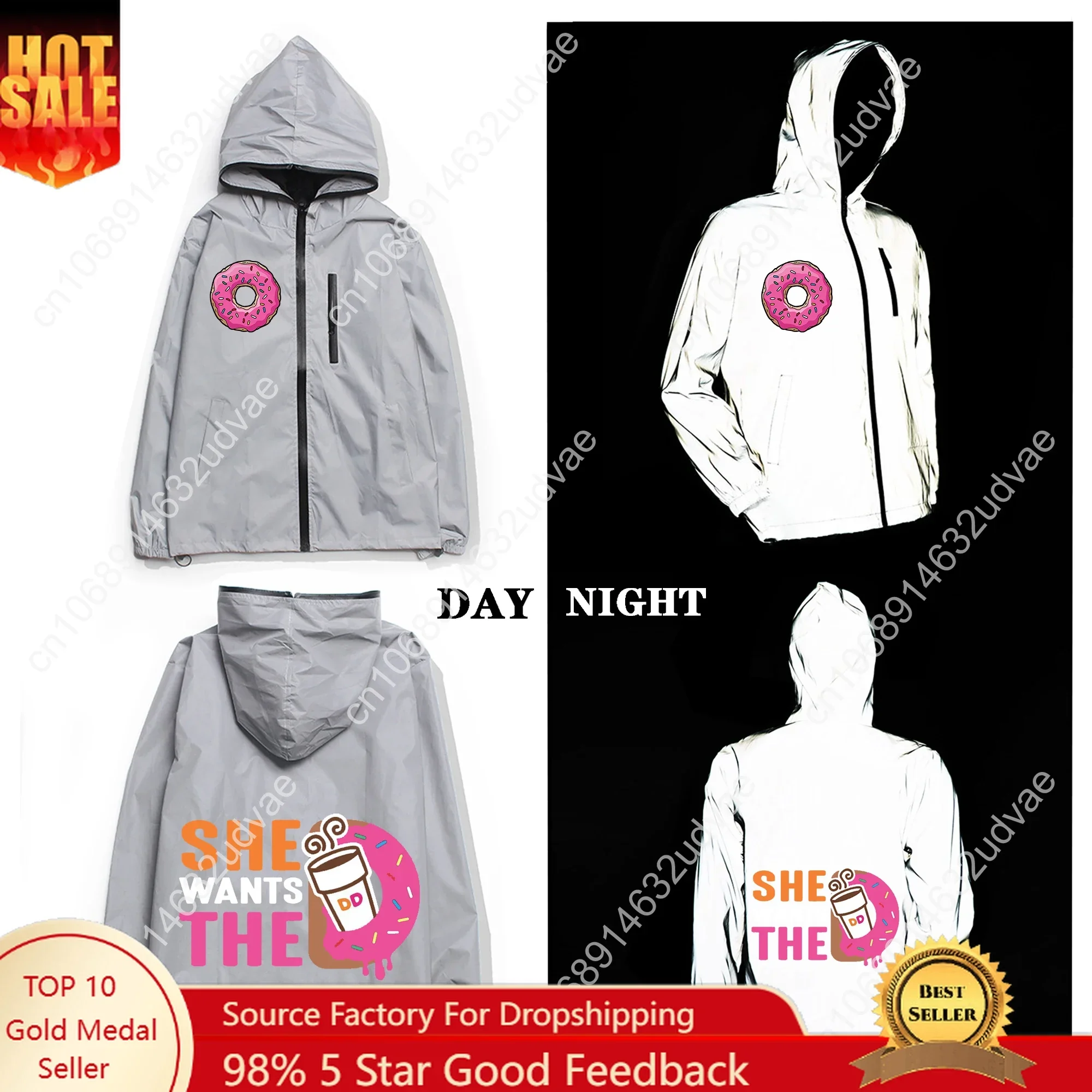 Dunkin' Deez Nuts Custom Reflective Jacket Mens Womens Coat Hooded Windbreaker Run Jackets Cycling Hiking Zipper Custom Hoodie