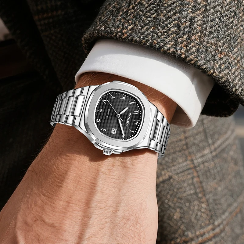 방웨이 남성용 고급 방수 사각 야광 날짜 스테인리스 스틸 캐주얼 쿼츠 시계 남성 시계 렐로즈 옴브레