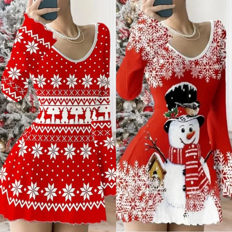 

Christmas Holiday Dresses Snowflake Print Women Autumn Christmas V-Neck Flare Sleeve Stretch Eur Xmas Outfit A-Line Dresses New