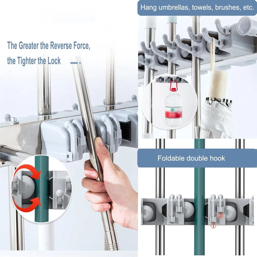 مكنسة وممسحة محمولة، منظم مستلزمات التنظيف، عربة التنظيف، عربة التدبير المنزلي، رف تجفيف الممسحة مع أونصة