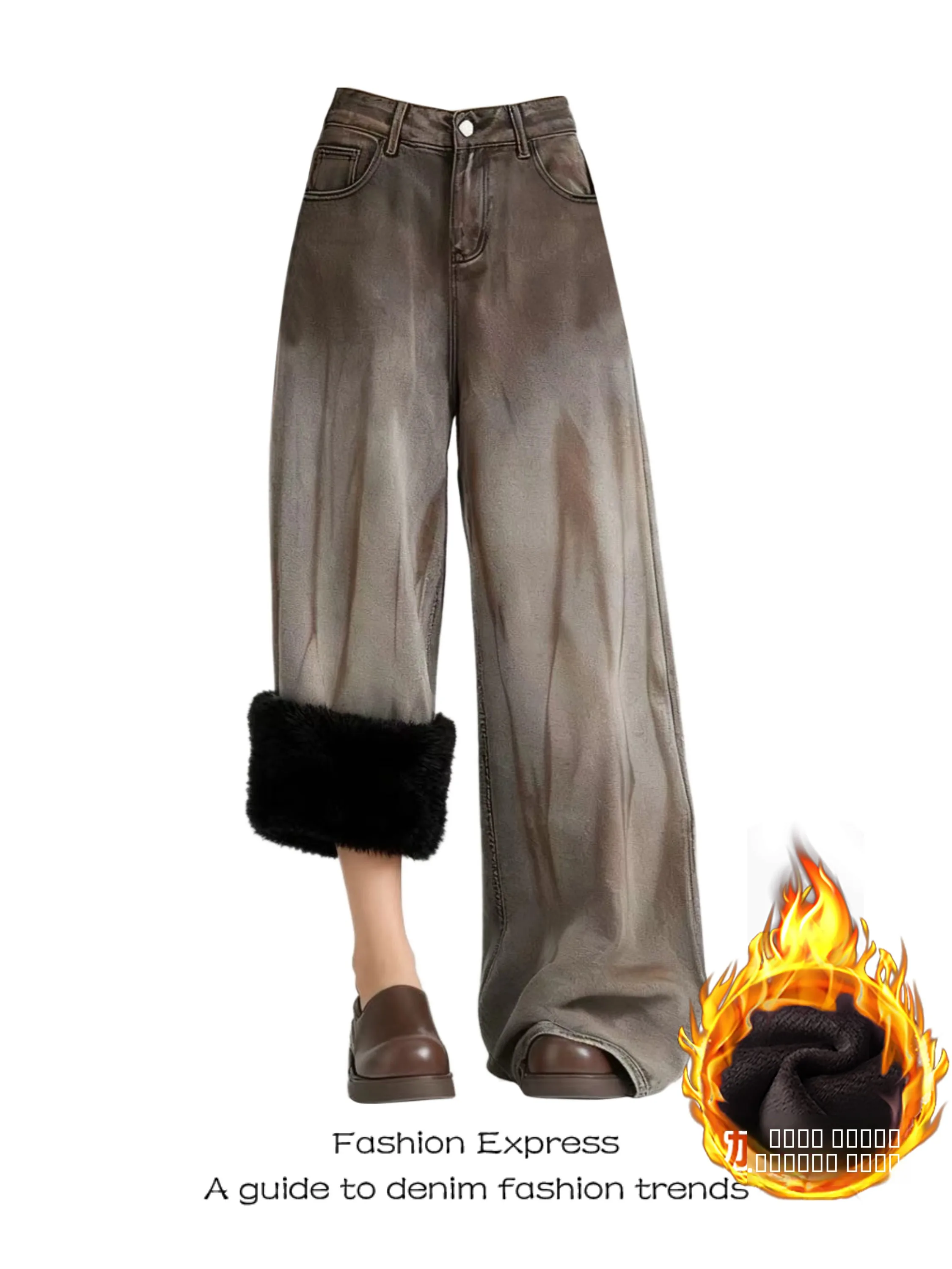 

Утепленные джинсы из денима для женщин в американском ретро-стиле, свободные, модные, широкие брюки с высокой талией и декоративными карманами