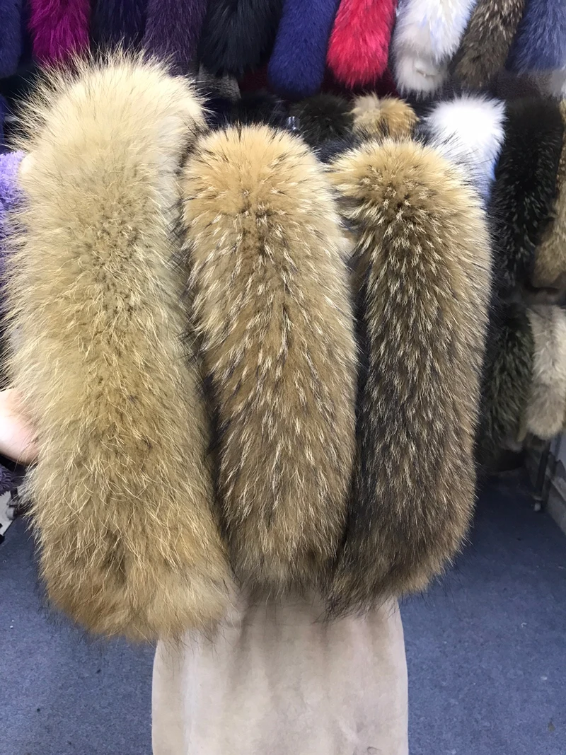 Winter 100% Natural Real Raccoon Fur Scarf Women\'s Fashion Coat Hat Trim Scarves Warm Straight Collar Decorate Luxury Long Shawl