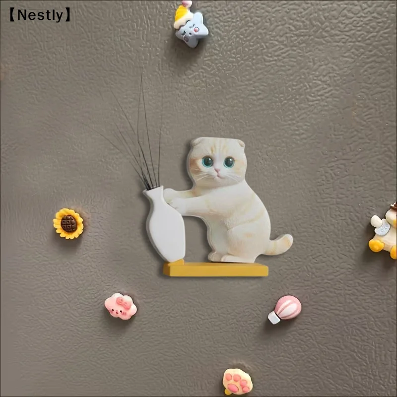 Mini Jarrón Acrílico con Colección de Bigotes de Gato, Imán para Refrigerador, Adorno Decorativo de Gato Empujando un Jarrón, Caja Conmemorativa para Pelo de Gato, Decoración del Hogar〔Nest〕