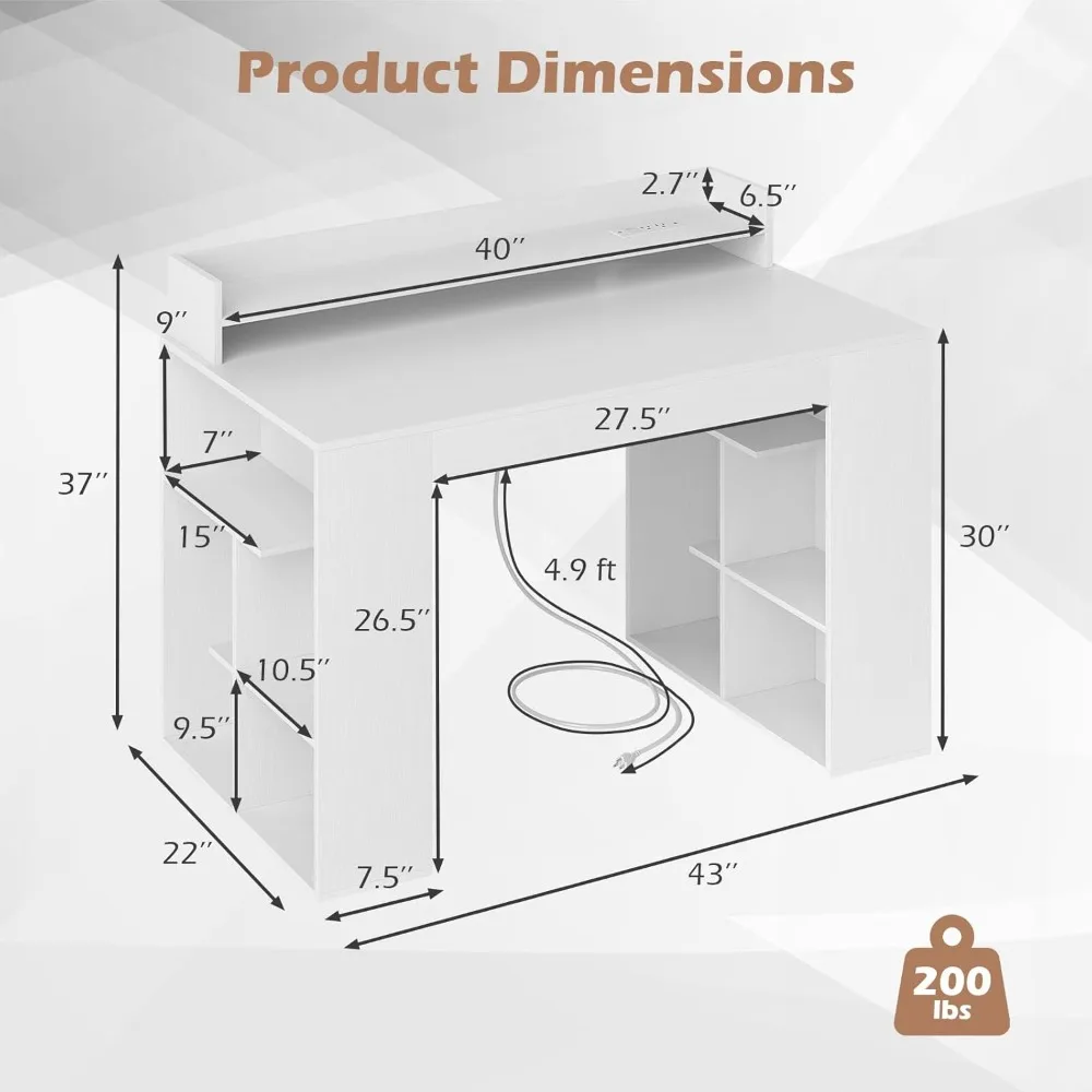 Computer Desk with Power Outlets, 43” Home Office Desk with Monitor Shelf & 2 Bookcases, Modern Writing Desk PC Workstation wit