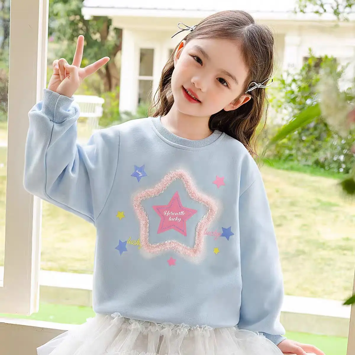 2026 Spring Autumn Girls Long Sleeve Sweatshirt Cute Loose Round Neck Drop Shoulder Top Trendy Kids Pullover Shirt