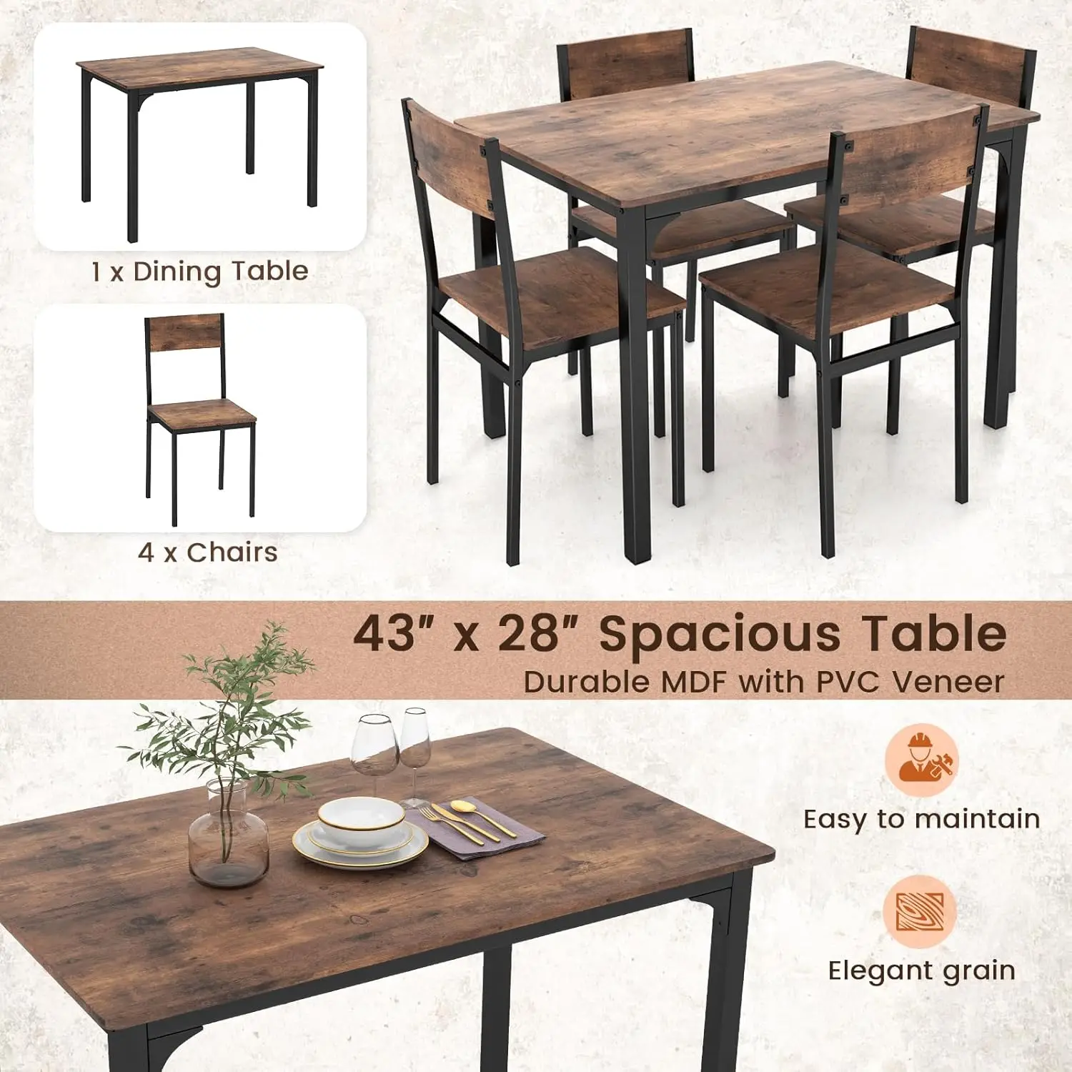 Dining Table Set for 4, Retro Kitchen Table and Chairs Set for 4, Metal Frame, Space-Saving Table and Chairs Set, Customized
