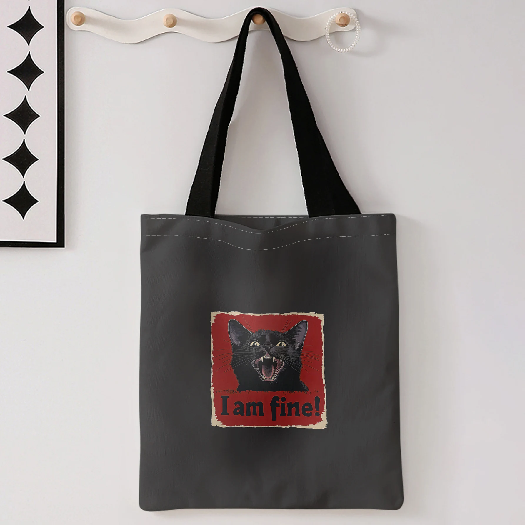 Screaming Cat I Am Fine Text Print Tote Bag Large Capacity Shoulder Bag For Shopping Travel Daily Use