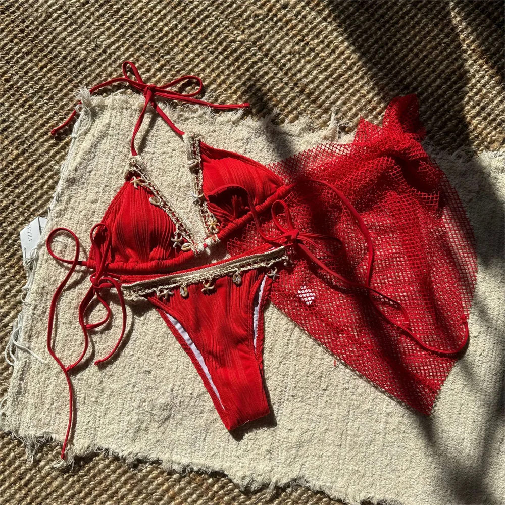 

Sexy Red Bikini Swimsuit Shell Border Bandage Mesh Cover Ups Beach Summer Outfits Women Micro Swimwear Y2K Vacation Bathing Suit