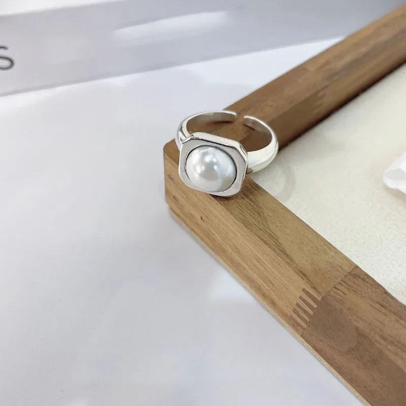 

925 Sterling Silver Geometry Pearl Ring for Women Girl Gift Korean Versatile Finger Jewelry Dropshipping