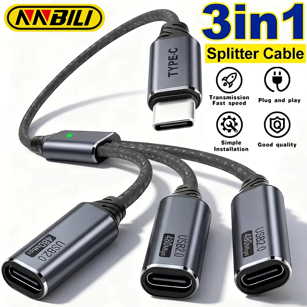 Image of NNBILI 3-in-1 USB A/Typ-C Splitter HUB Erweiterungskabel Multi-Port-Expander Ladeadapter OTG Typ-C Ladekabel für Smartphones
