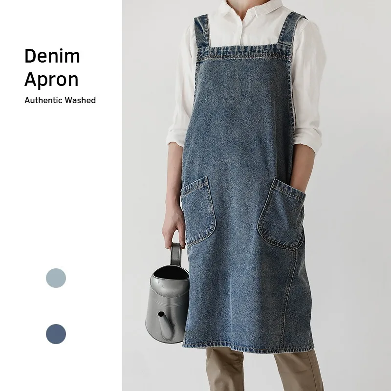 

Fashion Simple Korean Style Washed Denim Apron Man Women Home Kitchen Comfort Overalls Florist Retro Art Painting Student Apron