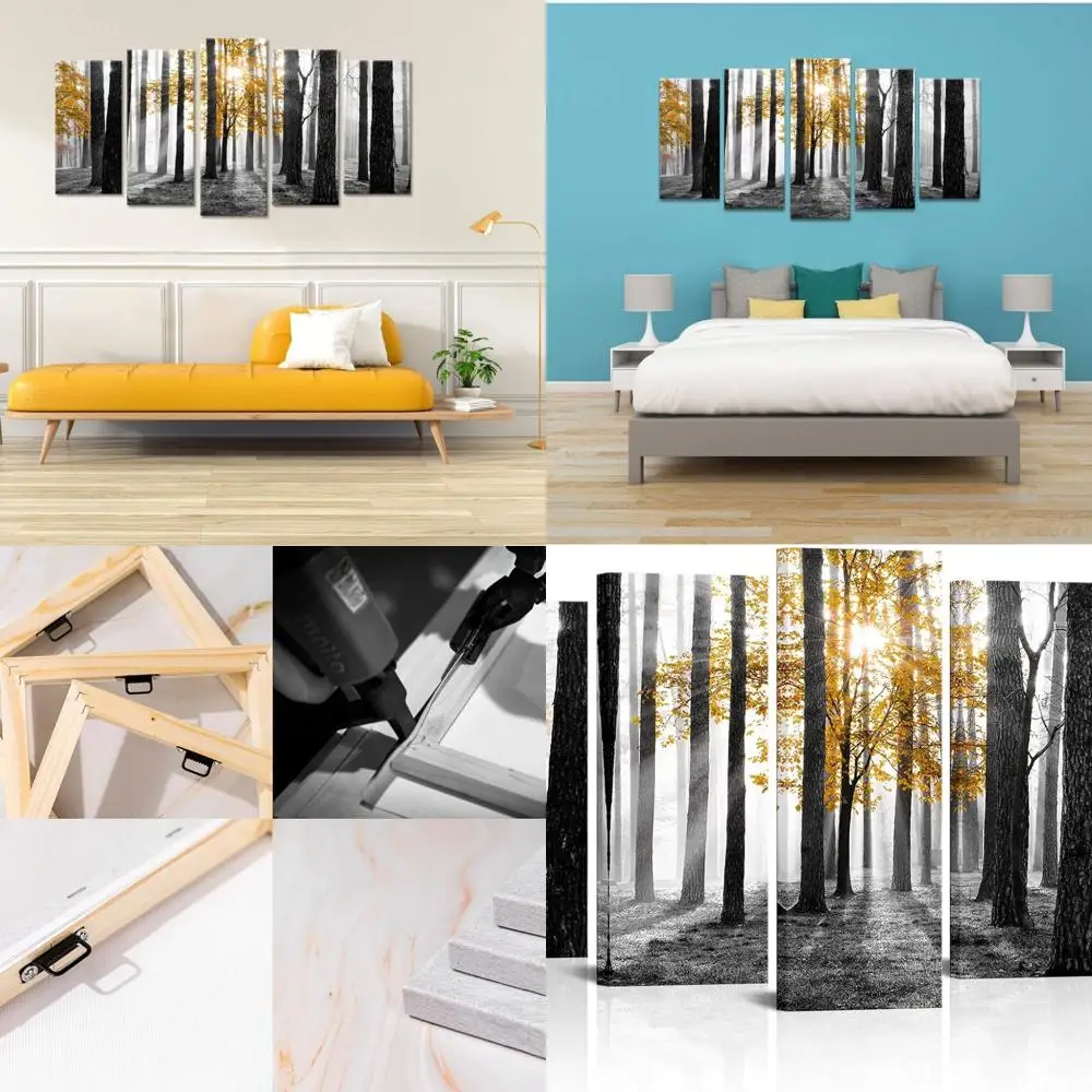 

60x32 Inch Framed Yellow & Gray Forest Landscape Wall Art, 5 Pieces, Ready to Hang