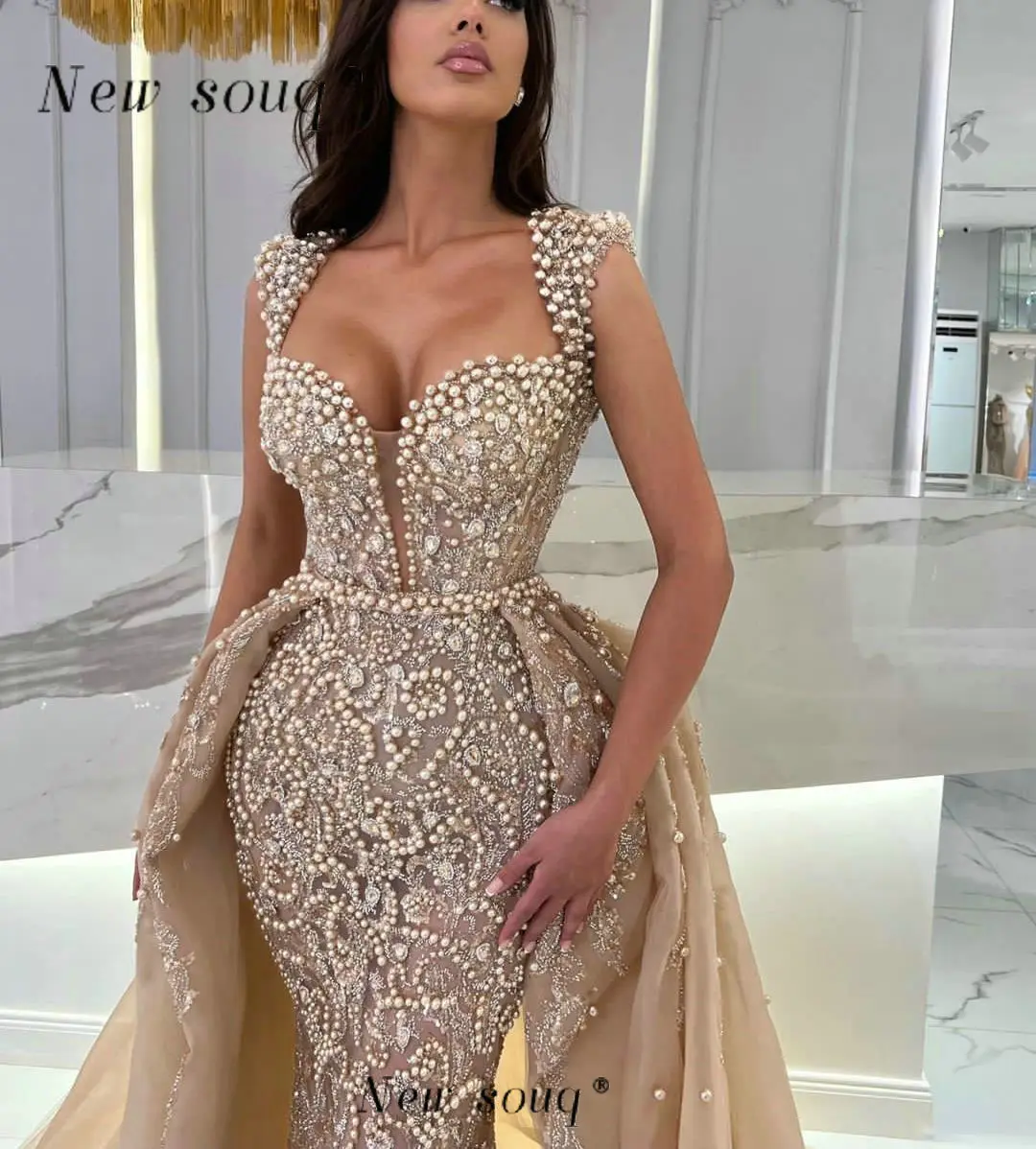 Champagne Two Pieces Mermaid Evening Dresses Covered with Pearls Crystals Arabic Formal Overskirts Weddig Dinner Party Gowns