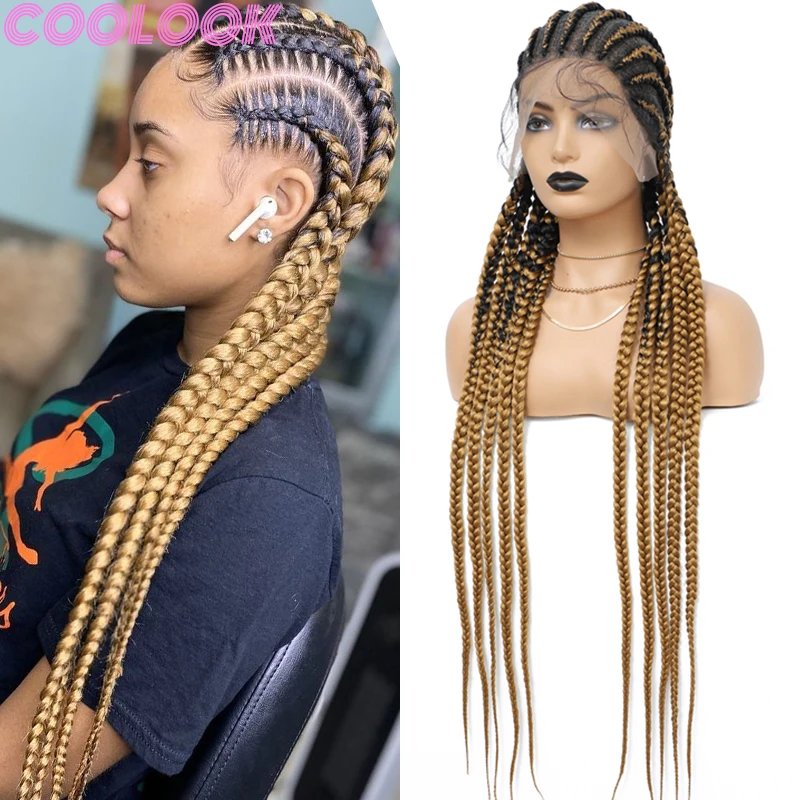 Synthetic 36inch Full Lace Front Braided Wig Blonde Knotless Handmade Goddess Braids Wig with Jumbo Plaits Durable Box Braid Wig