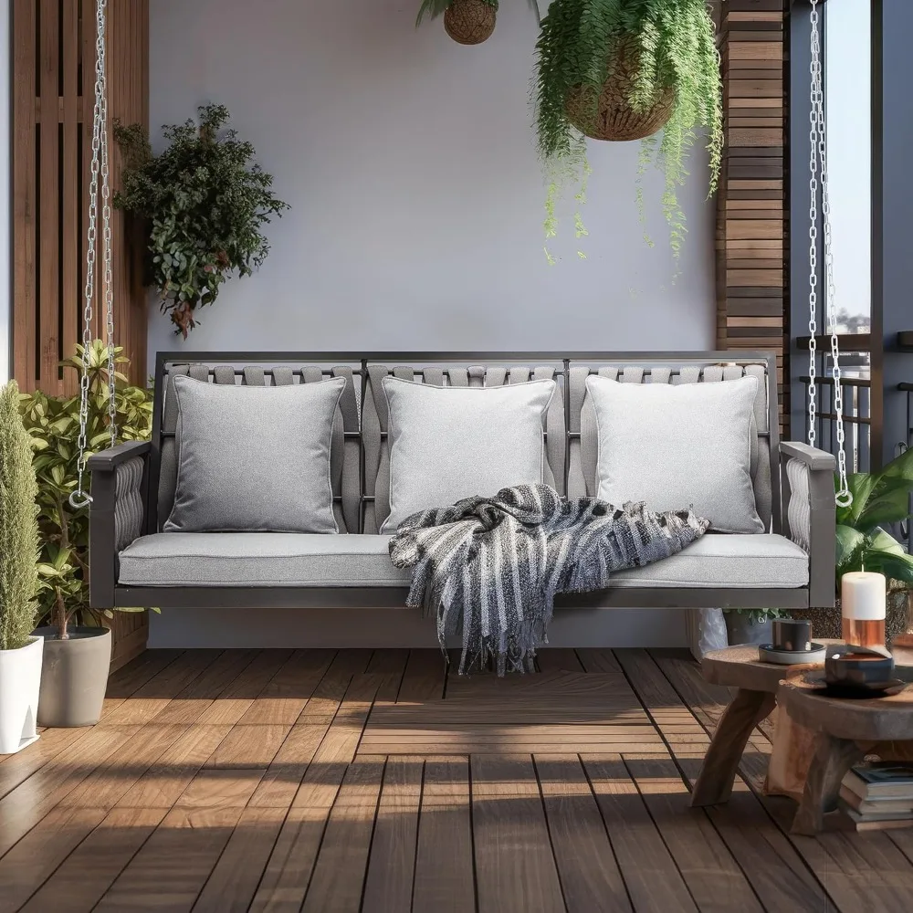 3-Sitzer-Verandaschaukel aus gewebtem Seil zum Aufhängen im Freien, mentale Terrassenbank aus Eisen mit Kissen, Hängeketten mit 850 Pfund Gewicht