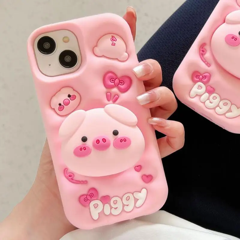 

3D Cartoon Animal Pig Soft Silicon Mobile Phone Protective Case for iPhone 16 Pro Max Kawaii Cover With Stand for Phone ANS38