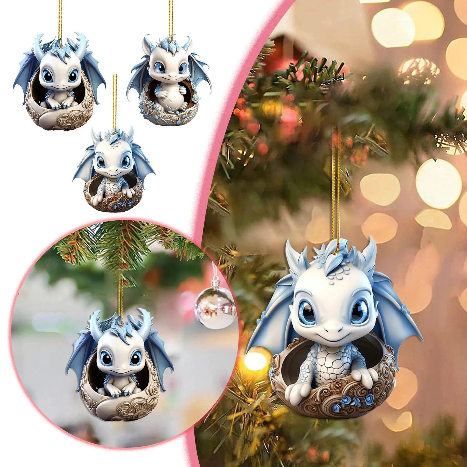 New 2D Cute Blue And White Porcelain Dragon Egg Ornament Christmas Dolls Car Interior Hanging Dragon Christmas Tree Decoration