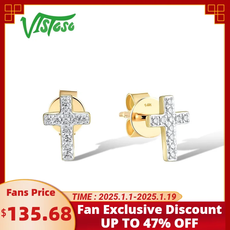 

VISTOSO Authentic 14K 585 Yellow Gold Stud Cross Earrings For Women Sparkling Diamonds Dainty Wedding Anniversary Fine Jewelry