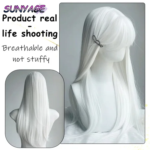 Imagen 2 del producto SUNYAGE pelucas sintéticas largas y rectas blancas para mujer, pelo falso colorido para fiesta de Cosplay con flequillo, peluca blanca de alta temperatura