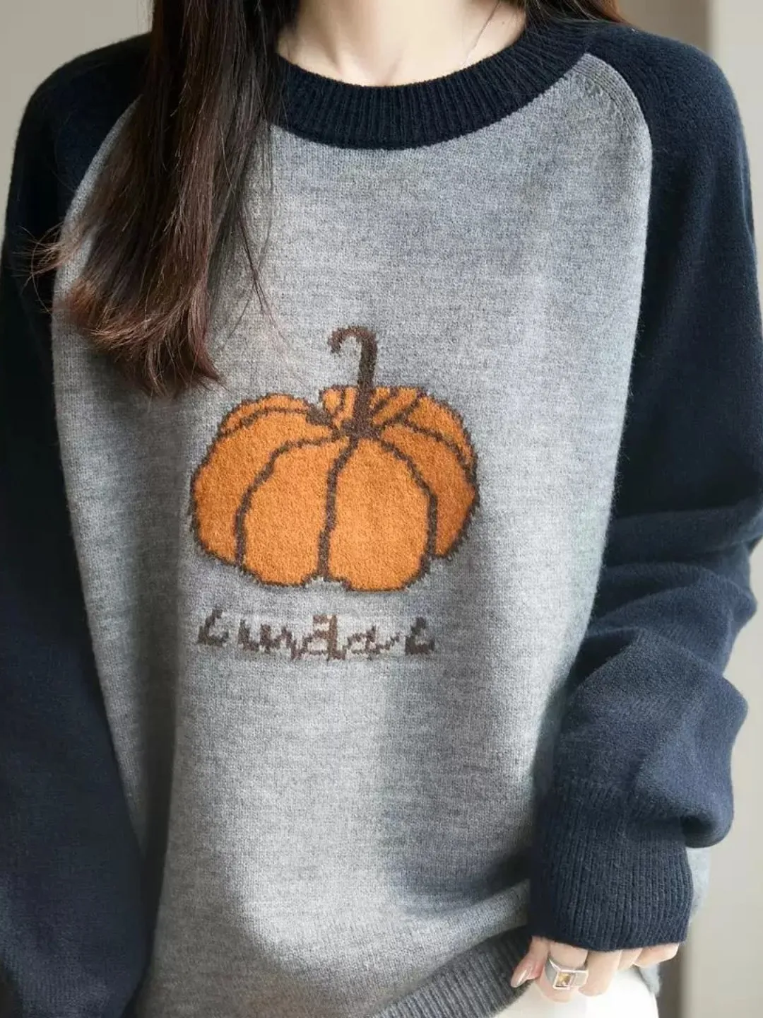 Korean Style Patchwork Color round Neck Pumpkin Embroidery Thickened Knitted Base Layer Sweater Women's Loose Fit Autumn Wint...