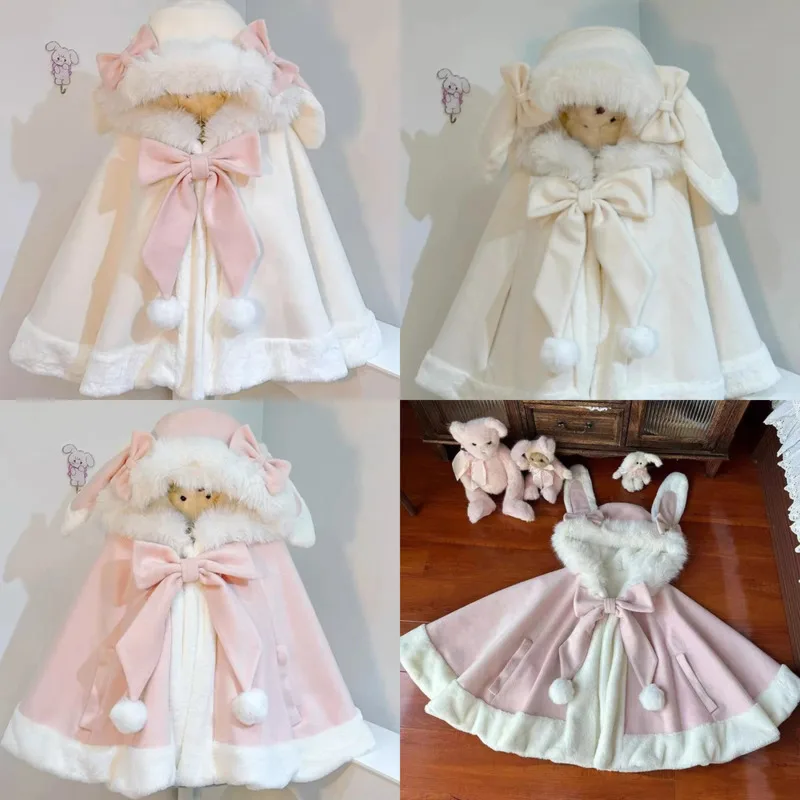 

Christmas Bunny Bow Hoodie Ins Kawaii Cape Winter Lolita Shawl Overcoat Women Sweet Coat Warm Woolen Patchwork Cloak Chi Top New