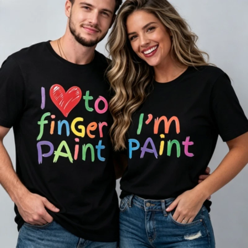 Couple Matching Cotton Crew‑neck T‑Shirt Colorful Hand‑paint Letter Heart Graphic Casual Summer Short‑sleeve Streetwear Tops