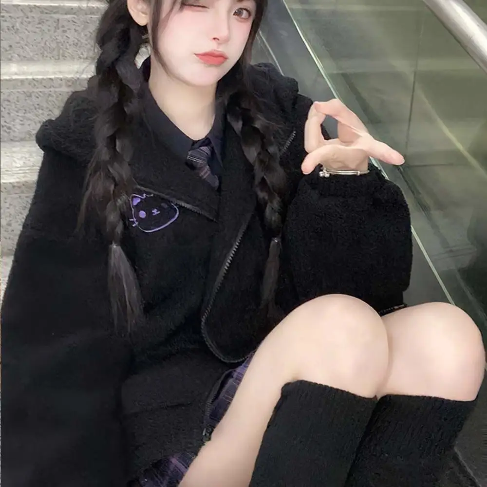 

Y2K Hello Kitty Hoodies Coat Kawaii Sanrio Women Kt Black Embroidery Anime Cartoon Spring Winter Thicken Loose Cute Tops Loose