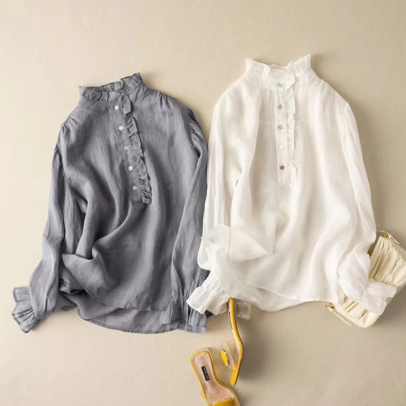 

Ele Linen irt Women's Spring Autumn Design Wood ain Chic Top Aosphere Small irt Commute Sle Loose Fit