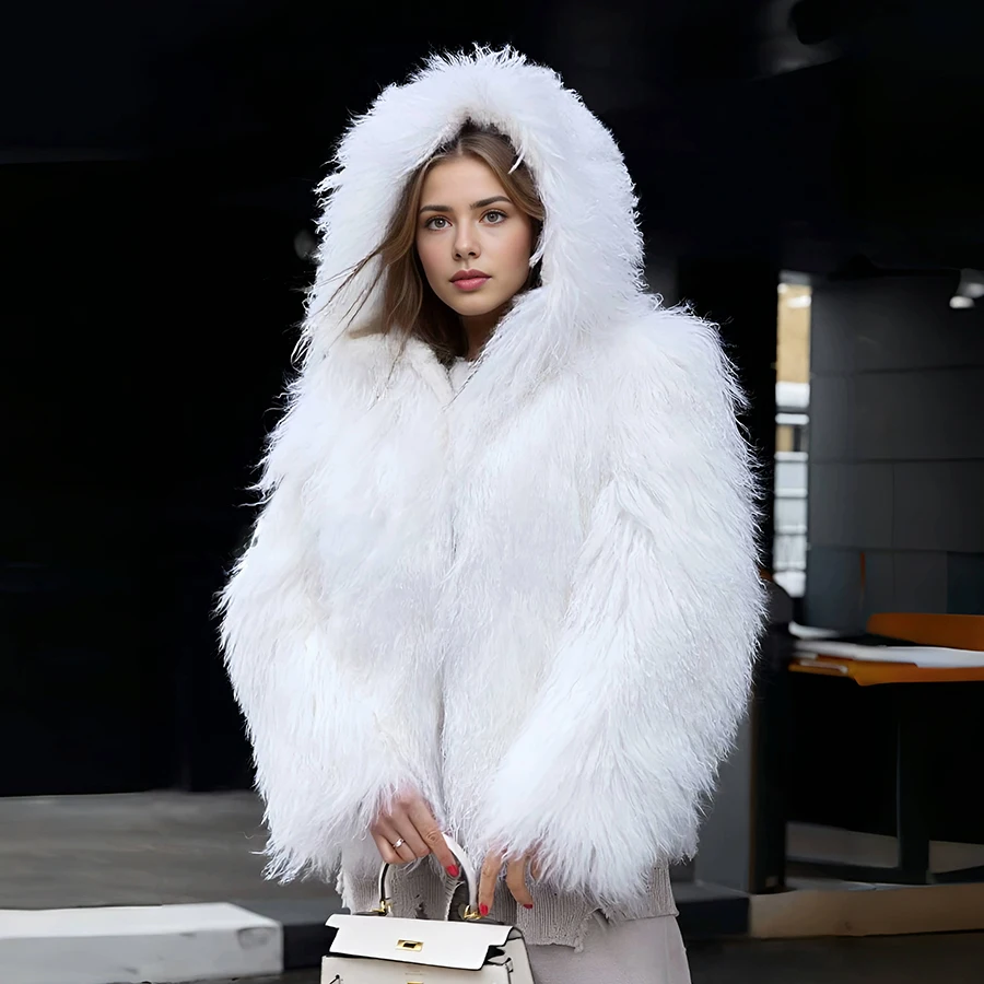 짧은 검정색 천연 양털 코트 티베트 양털 후드 퍼 재킷 여성 고품질 따뜻한 의류 리얼 퍼 재킷