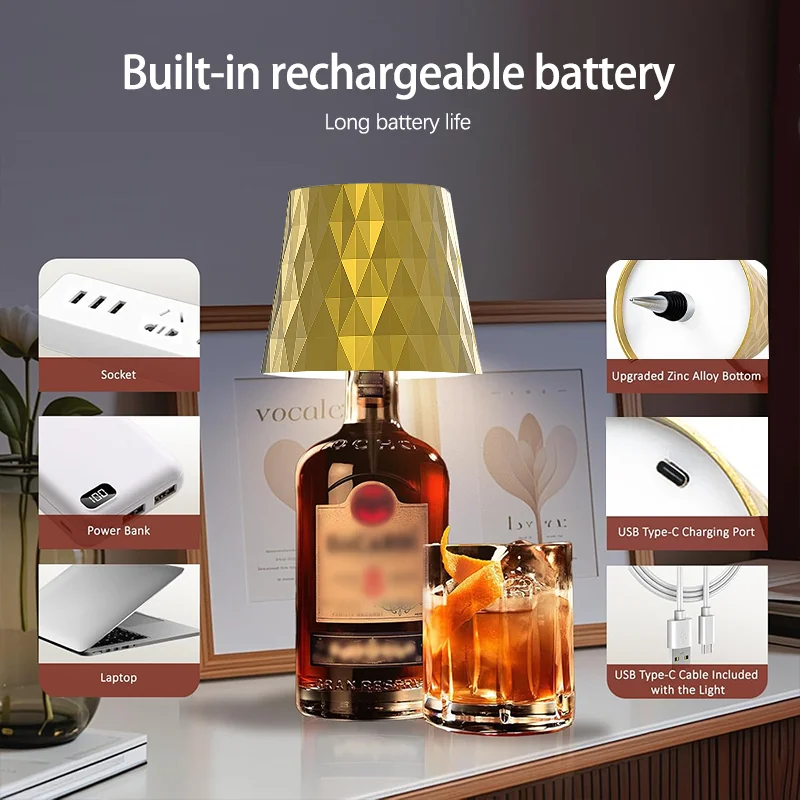 الماس نمط USB قابلة للشحن زجاجة مكتب مصباح التحكم باللمس ثلاثة ألوان التدرج يعتم بار زجاجة ضوء الليل الزخرفية