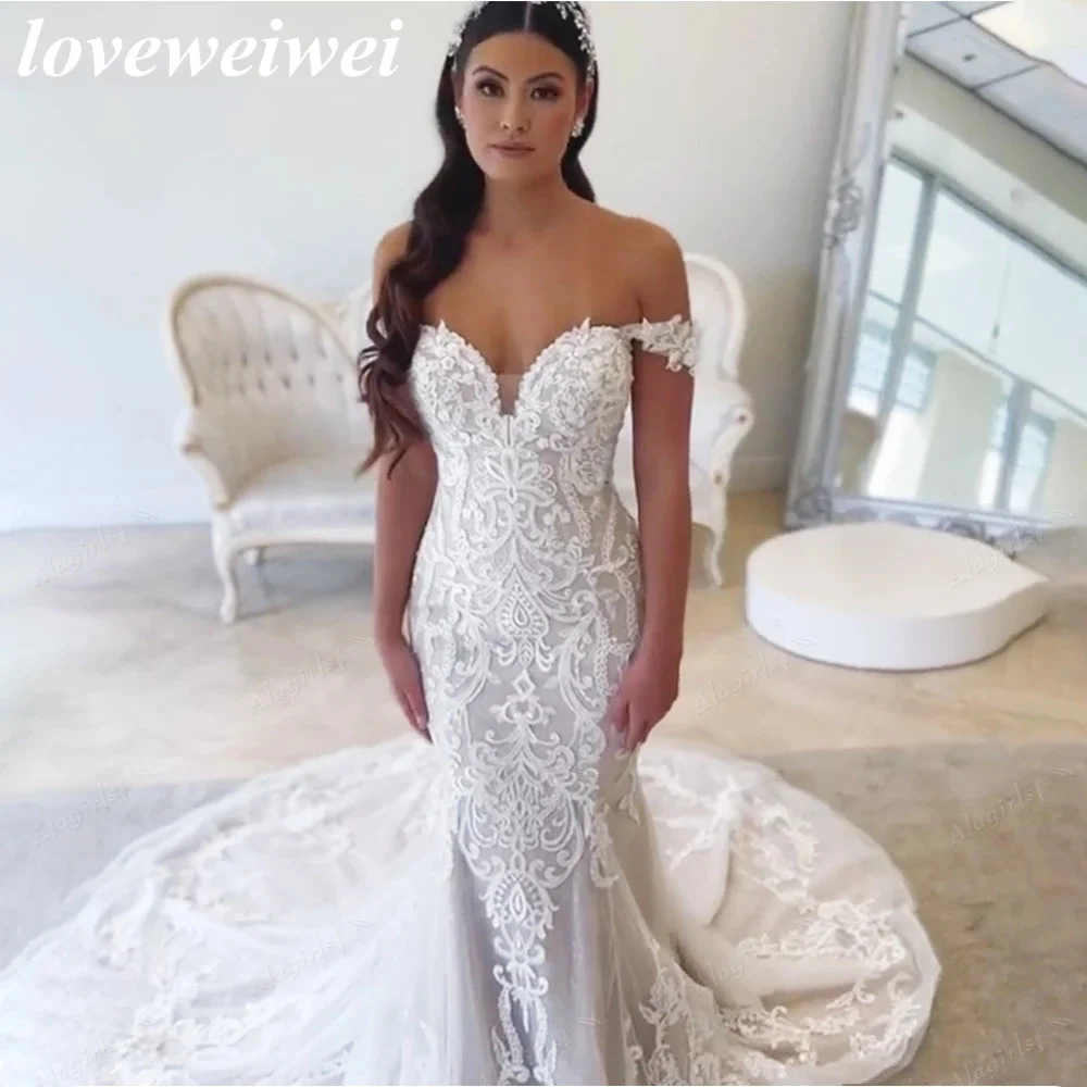 Off Shoulder Mermaid Wedding Dress Boho Beach Lace Applique Long Train Bridal Dresses Elegant Wedding Gown Vestido De Noiva