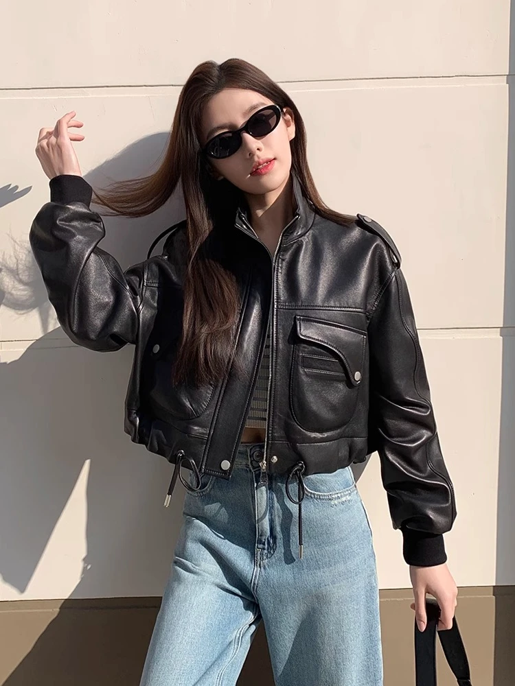 Casual Short Genuine Leather Motorcycle Jackets Women Spring Autumn High-end Simple Stand Collar Soft Black Real Sheepskin Coat