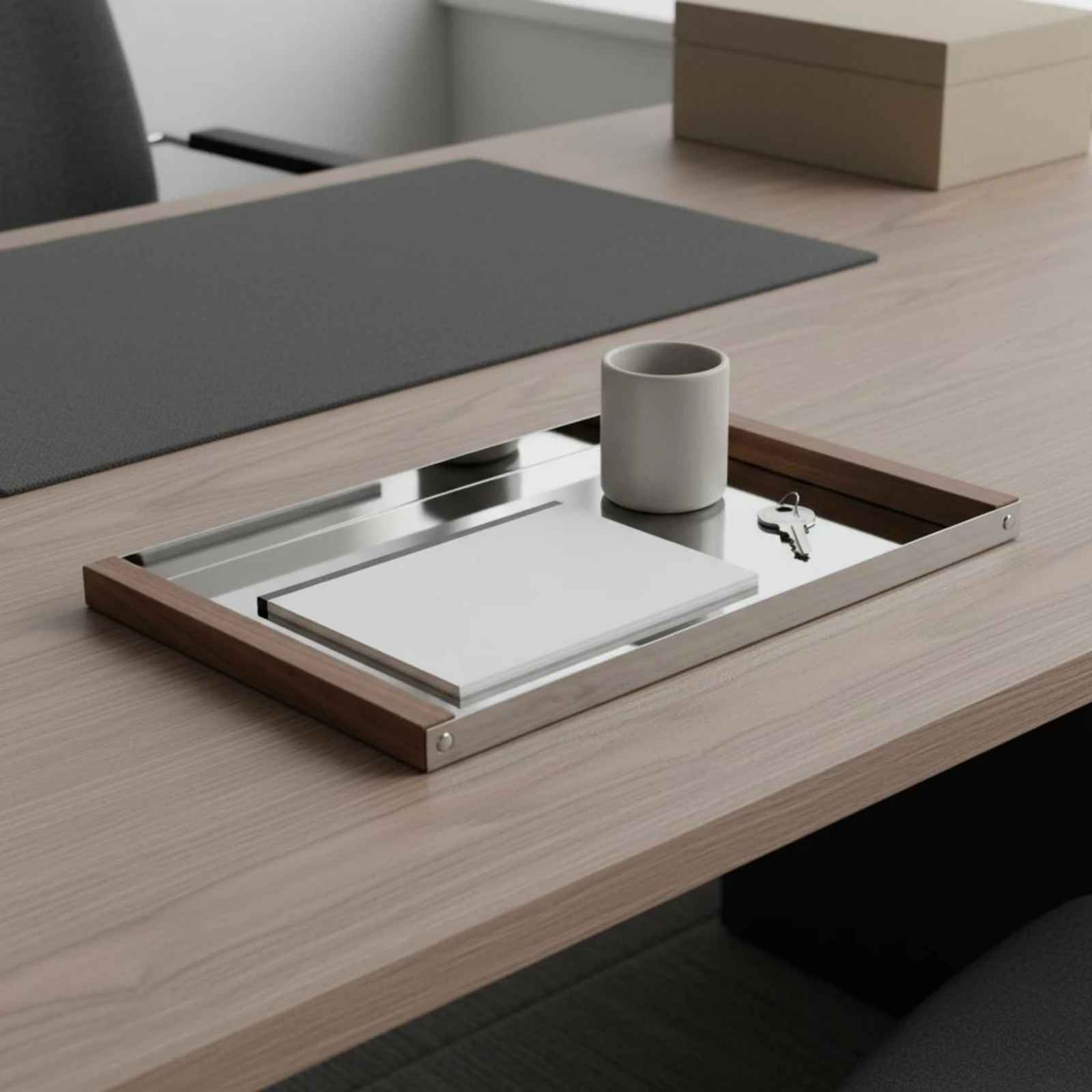 Silver Tray with Wood Handles Modern Minimalist Geometric Metal Tray Tabletop Decor Scratch-Resistant Large Size