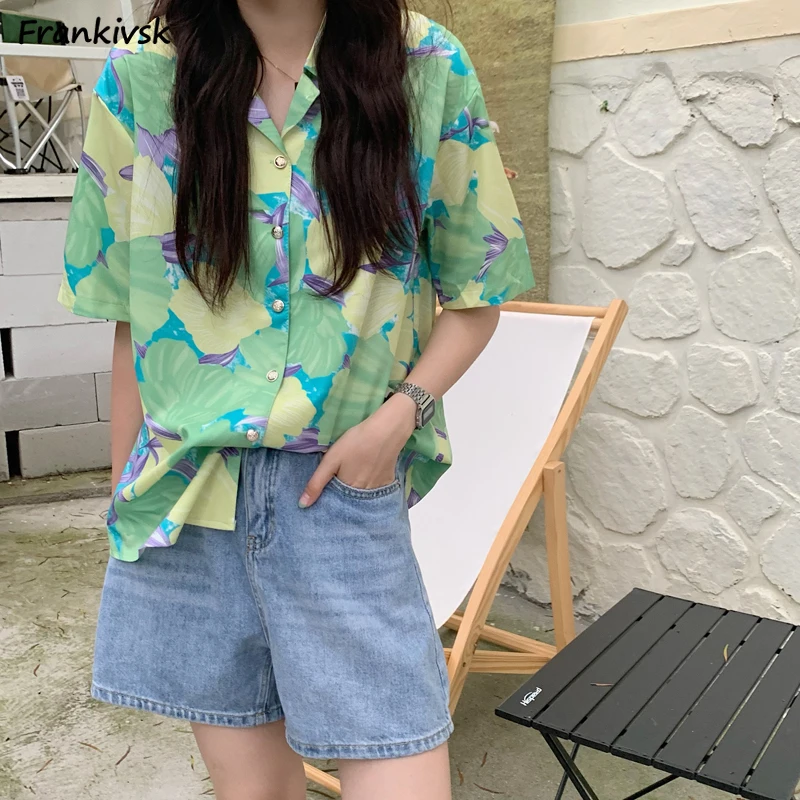 

Shirts Women Hong Kong Style Vintage Floral Summer Baggy Slouchy Fashion Half Sleeve Holiday Aesthetic Hipster Cozy Clothing New