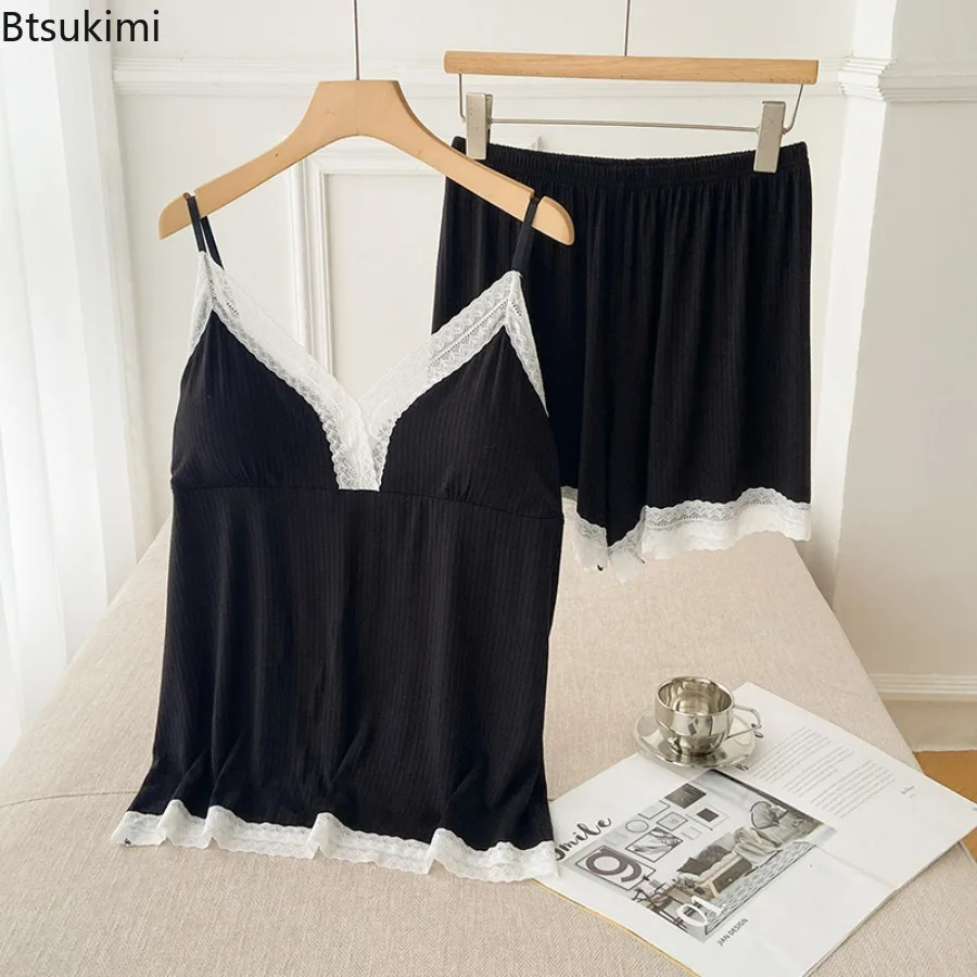 New Women's Summer Sleepwear Sets Thin Style Lace Camisole Shorts Two-piece Set Loose Home Clothes for Women with Chest Cushion
