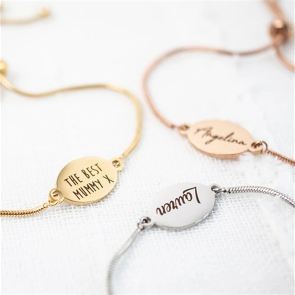 

Personalized Adjustable Name Bracelet Silver Gold Rose Gold Plated Date Bracelet Engraved Oval Bracelet Gift for Her Christmas