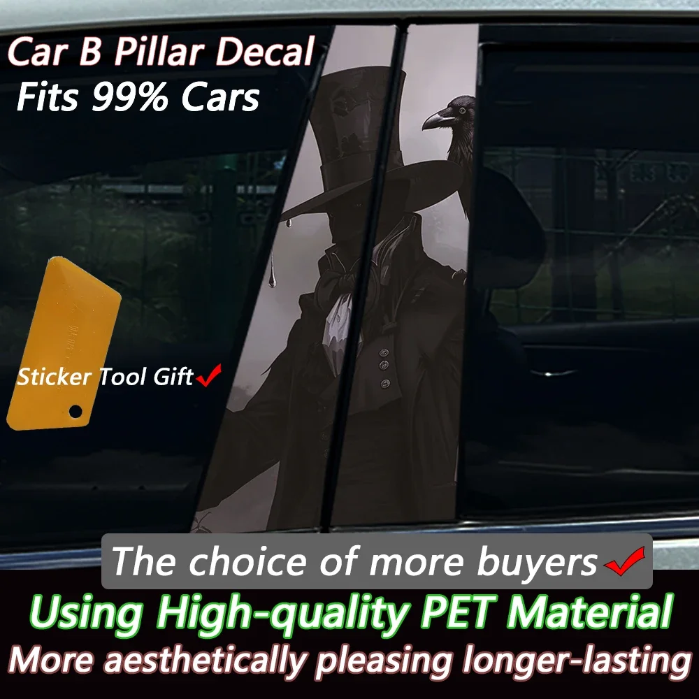 2PCS Gothic Top Hat Gentleman & Raven Car B-Pillar Sticker Waterproof Vinyl Decal Auto Middle Column Decor for Sedan SUV